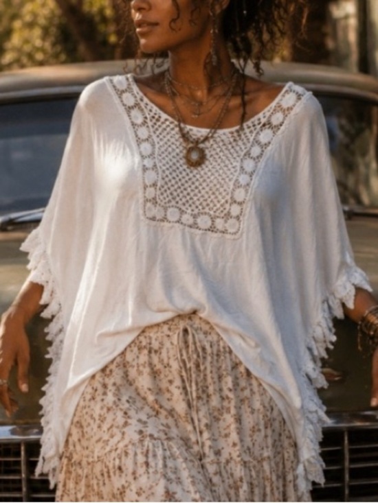 Source Unknown Tops - White • Crochet-Accent • Boho • Top